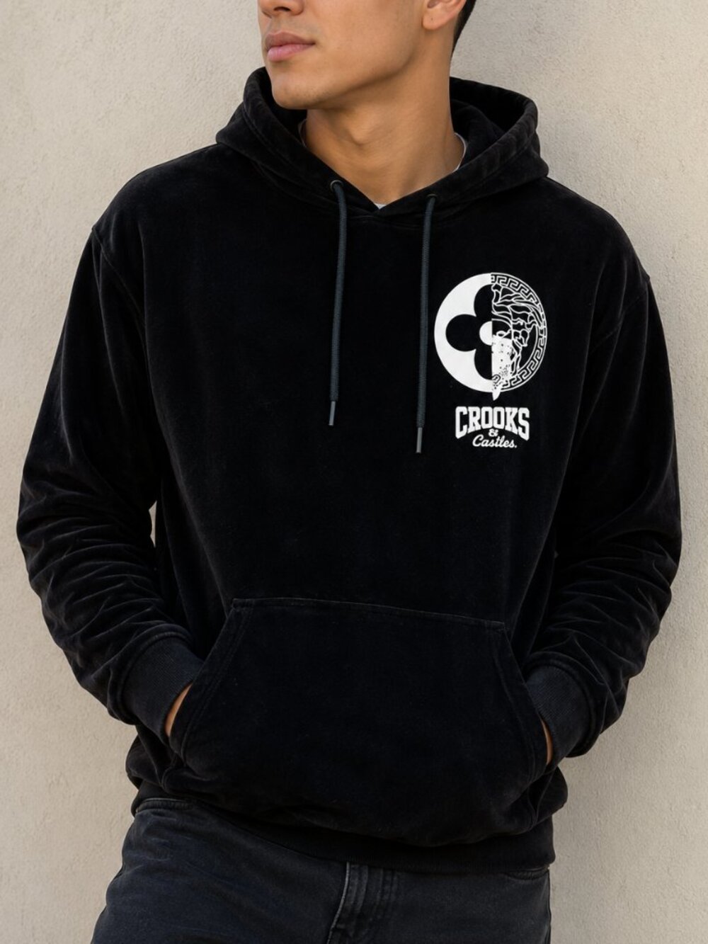 Crooks & Castles Mens Hoodie Sweatshirt Black Velour Size XL Throwback Y2K